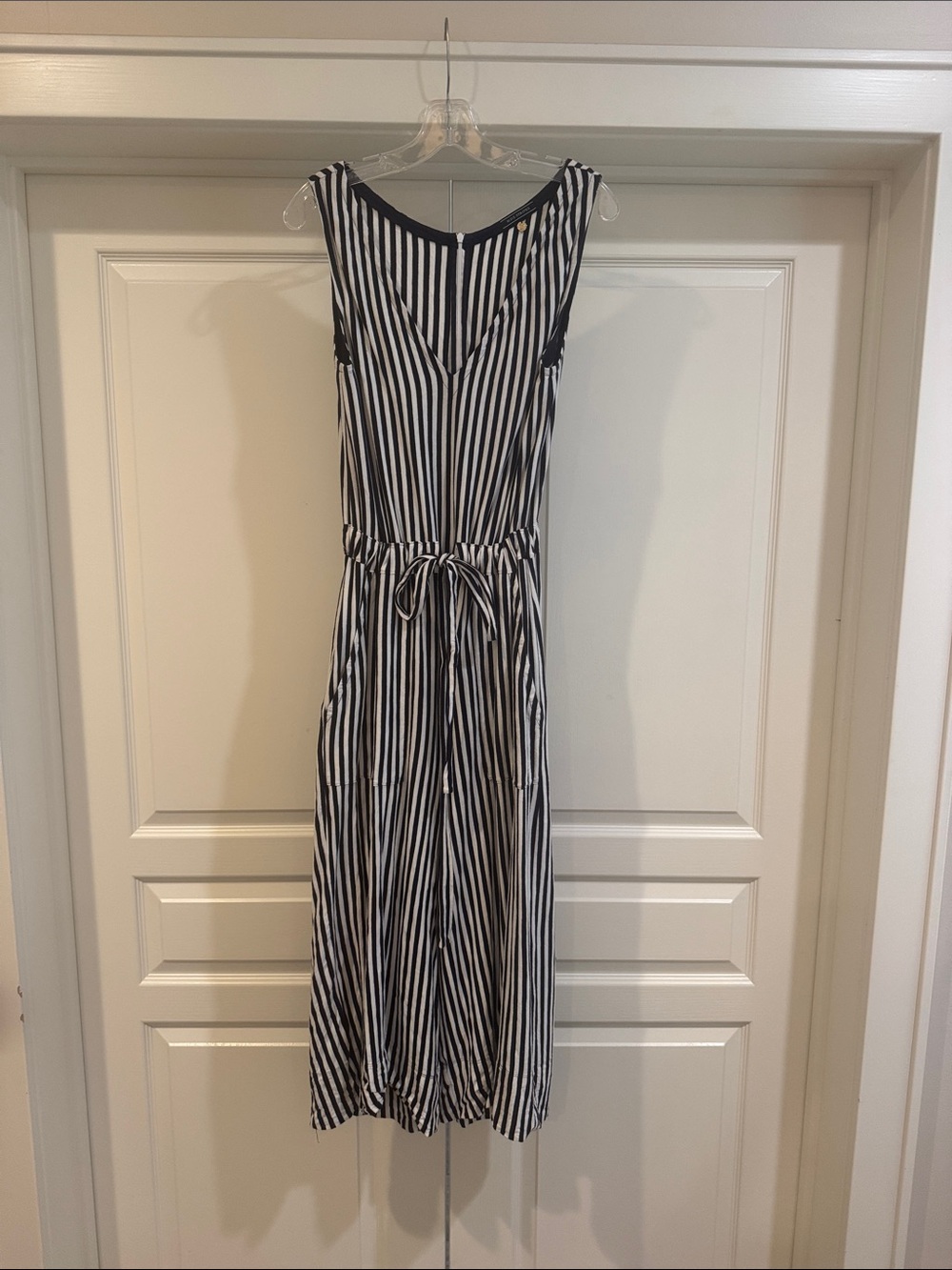 Boutique Striped Navy and White Sleeveless Jumpsuit with Waist Tie